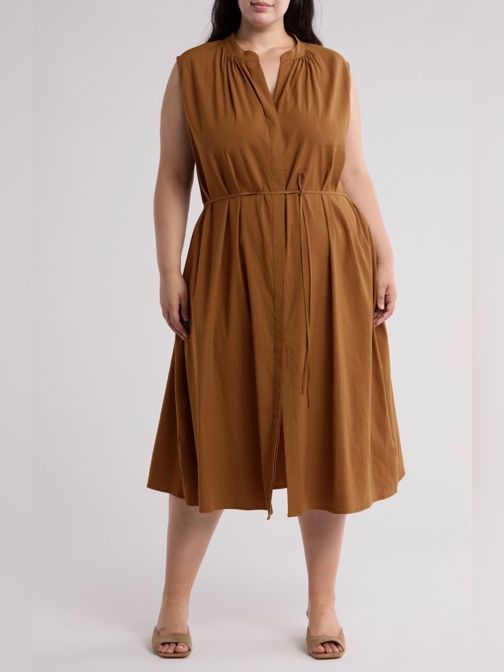 Vince Sleeveless Linen Blend Midi Dress Cottonwood Brown 2X Plus Size